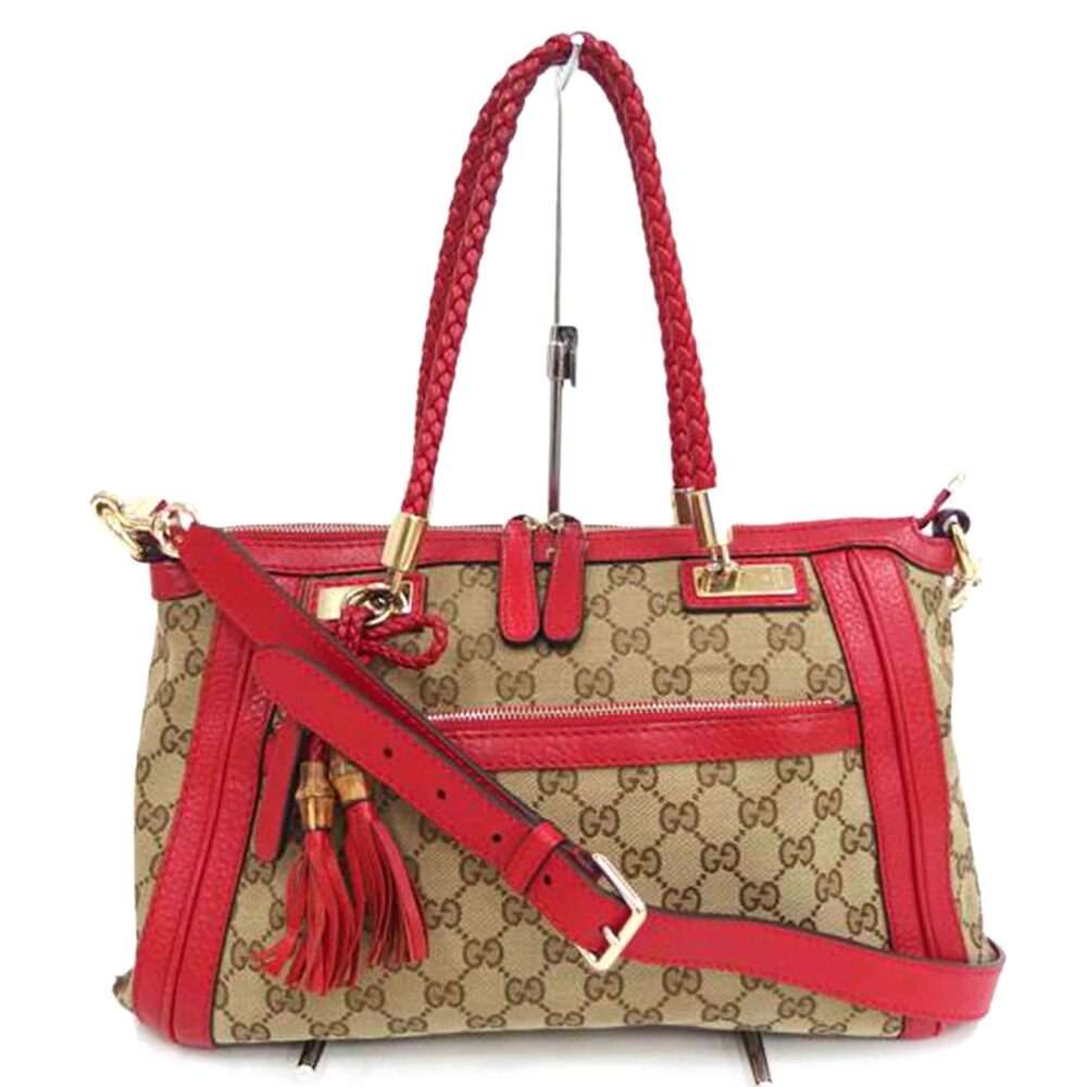 Gucci GG Canvas Bamboo Top Handle Bag Red Brown